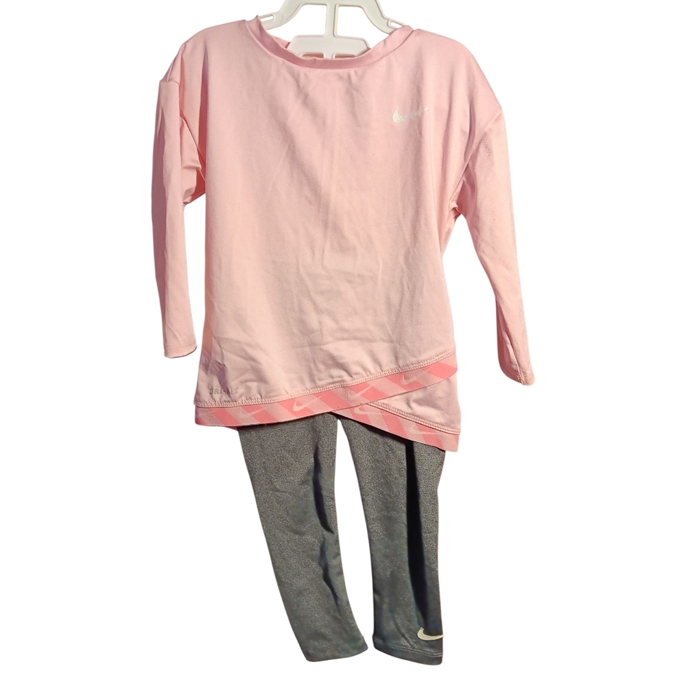 NIKE Dri-Fit Pink Long Sleeve Top & Gray Leggings 2pc Athletic Outfit Size 18M